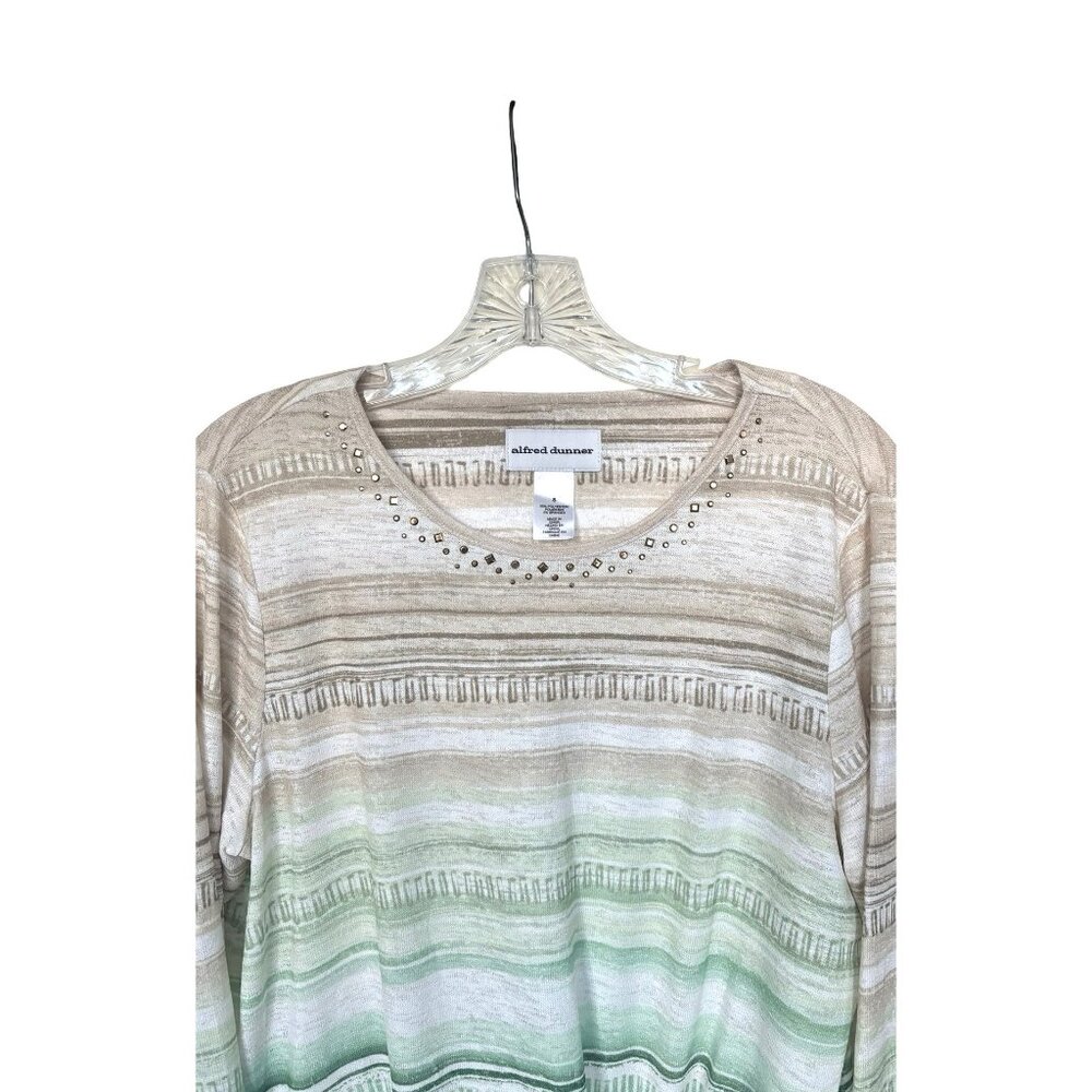 Alfred Dunner Top Sz Small Tan/Green/White Knotted Hem - Picture 2 of 4
